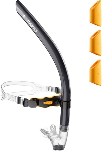 CAPAS Training Swim Snorkel for Lap Swimming, Swivel Headband Ultimate Fit Center-Mount Swimmers Snorkel with Liquid Silicone Mouthpiece Adjustable Strap, Designed for Adult Men Women (Black Orange)