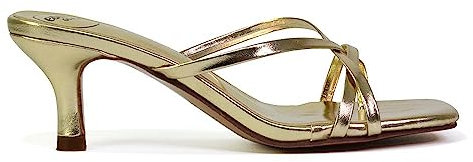 ESSEX GLAM Womens Strappy Kitten Heel Sandals Ladies Square Toe Post Slip On Mule Gold Summer Shoes Size 4