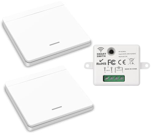 YOUNLEN interruttore senza fili della luce, interruttore di sicurezza trasmettitore RF e controller ricevitore 10A, installazione semplice per lampade fino a 1500W（1 ricevitore e 2 interruttori）