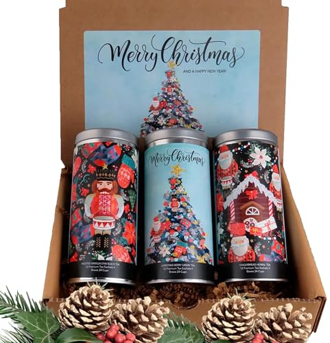 Merry Christmas Tea Gift Set by La Tea Dah, Gourmet Holiday Tea Assortment, 3 Full Sized Tins, Frosted Vanilla Chai Tea, Berry Green Tea, Herbal Gingerbread Tea (36 sachets)