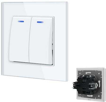 BSEED Interrupteur Va et Vient avec voyant LED,Interrupteur encastrable avec des Griffes,10A 2 Gang 2 Voie Interrupteur à bascule,Interrupteur Mural encastré pour salon, bureau, cuisine-Blanc