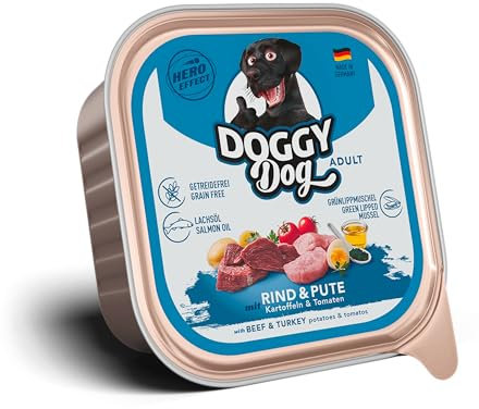 DOGGY Dog Paté Rind & Pute, 10 x 150 g, Nassfutter für Hunde, getreidefreies Hundefutter mit Lachsöl und Grünlippmuschel, Alleinfuttermittel mit Kartoffeln und Tomate, Made in Germany