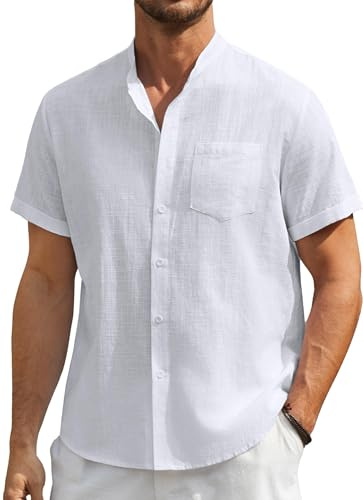 Enlision Mens Linen Shirts Short Sleeve Grandad Collar White Shirt for Men Summer Casual Collarless Henley Top Button Down for Wedding Beach Holiday M