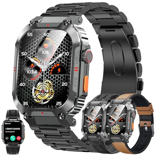 Smartwatch Herren mit Telefonfunktion, 2,02” Touchscreen IP68 Wasserdicht Stahl Sportuhr Aktivitätstracker mit Blutdruckmessung 123 Sportmodi Uhr kompatibel mit iOS Android, 3 Uhrenarmbänder (Schwarz)