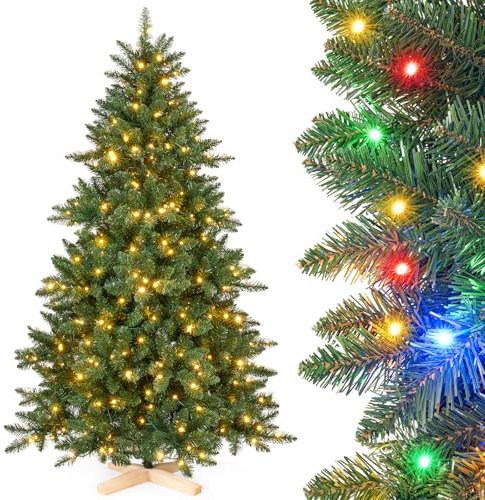 Yorbay Künstlicher Weihnachtsbaum mit Beleuchtung LED: PVC künstlicher Tannenbaum mit Holzständer für Weihnachten-Dekoration, Ideal für Festliche Stimmung (210cm)