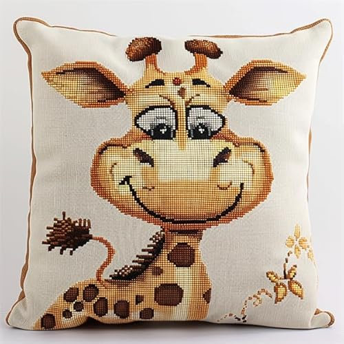 Lfynior Stickset für Kreuzstichkissen Giraffe Stickkissen zum Selbersticken 45X45cm Stickpackung Stickset Kreuzstich Kissen zum Basteln Stickkissen Stickpackung mit Vorgedruckt Kreuzstichmotiv