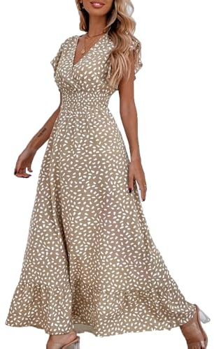 BSLVWG Vestido Maxi Femenino Pétalos de Volantes, Mangas Cortas, Flores de Cuello V en Plena floración, Faldas largas de Ocio en la Playa de Verano (FR/ES, Letras, L, Regular, Regular, Caqui)