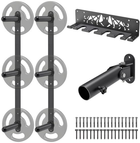 Kipika gym organiseringsset – väggmonterad 3 pinnar viktplatta förvaringsställ (2-pack), skivstångsförvaringsställ med T-bar rad landmine plattformsfäste – hållbar stålkonstruktion, enkel installation