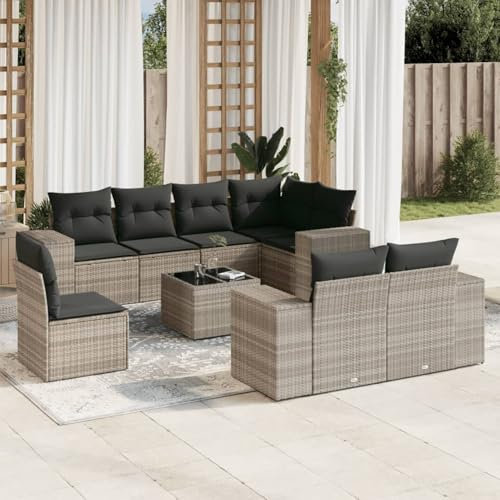Homgoday Juego de 9 sofás de jardín con cojín, muebles de balcón, sofá de jardín, muebles de jardín, sofá, salón, balcón, balcón, salón, jardín, gris claro, poliratán, color gris claro