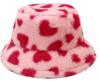 JIHUOO Chapeau Seau Coeur Rose Femme Chaud Fausse Fourrure Chapeau Hiver Taille M 56-58cm Tour de Tête