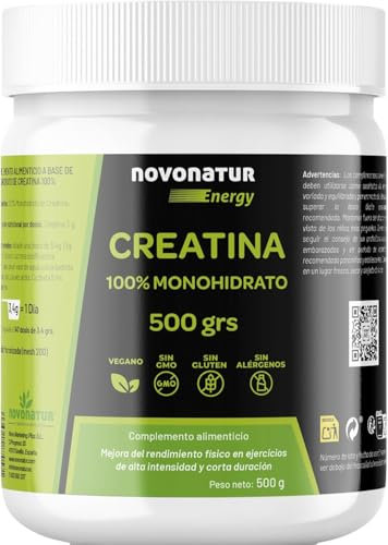 Creatina 100% Monohidrato en Polvo | Pre Entreno | 500 GR | 147 Días | Incluye Dosificador | Vegano sin Sabor | Alta Solubilidad | Para Entrenamientos de Alta intensidad | Novonatur