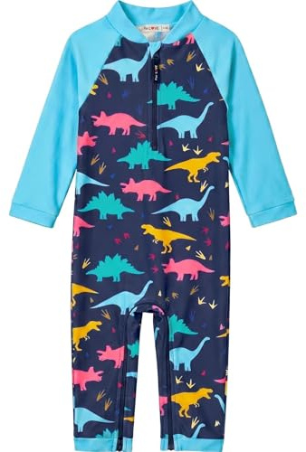 weVSwe Baby pojke baddräkt onepiece UPF 50+ långärmad pojke rash guard med stegdragkedja 0–3 år, Blå dinosaurie, 0-6 månader