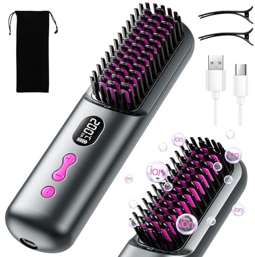 Cordless Hair Straightener Brush, Portable Hair Straightener Brushs for Travel, Negative Ion 9600mAh USB Rechargeable Heated Straightening Brush Hot Comb for Women Beard Straighteners for Men