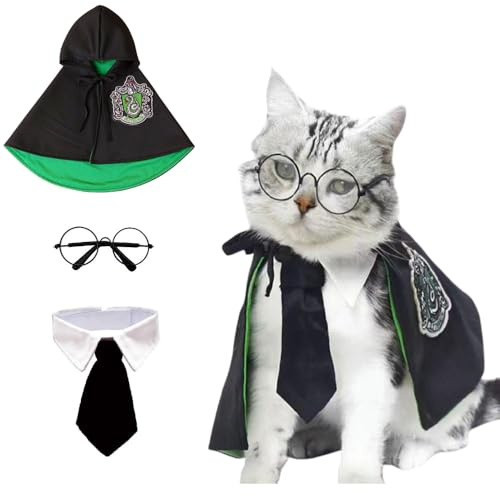 ANIAC Costume per Halloween per cani, gatti, mago, mantello, occhiali e cravatta, set di 3 pezzi, per Halloween, Accademia di animali domestici, mago, cosplay, per gattino, gatto, cani di piccola