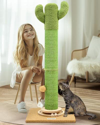 Globlazer Kratzstamm Kaktus Grun XXL hoch 94 cm mit 10cm Dicker Sisal Kratzsäule Holz Trackingball Hängende Plüschbälle, Kratzsäulen Stabil für Große Katzen Kratzen Spielen Innen (SC37, Grun)