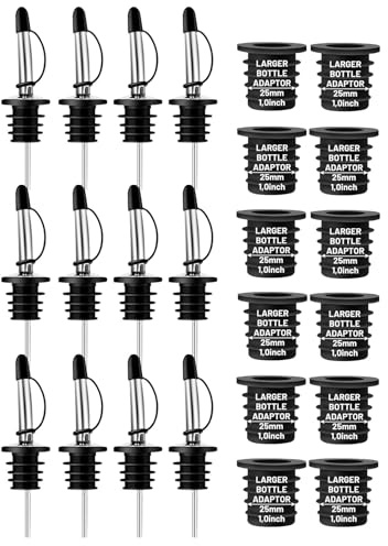 12-Pack Liquor Bottle Pourers with Adapters, Liquor Pour Spout Adapters set for for Large Olive Oil Bottles and Liquor Bottles - Up to 1 Inch/25mm Neck Converts Any Spout into a Large Pour Spout