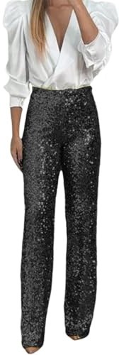 Pantalon doublé pour femme - Pour l'hiver - Pour femme - Paillettes - Taille élastique - Coupe ajustée - Pantalon uni - Pantalon noir pour femme