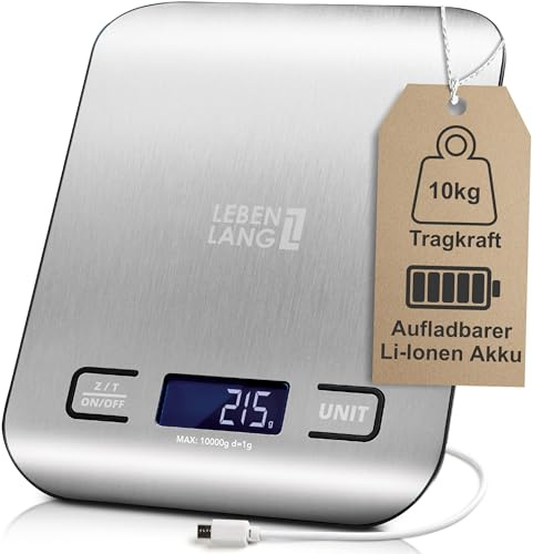 LEBENLANG Bilancia cucina digitale ricaricabile USB - Fino a 10 kg & Incl cavo di ricarica I Bilancia da cucina dietetica conta calorie Pesa precisione Kitchen scale alimenti contacalorie elettronica
