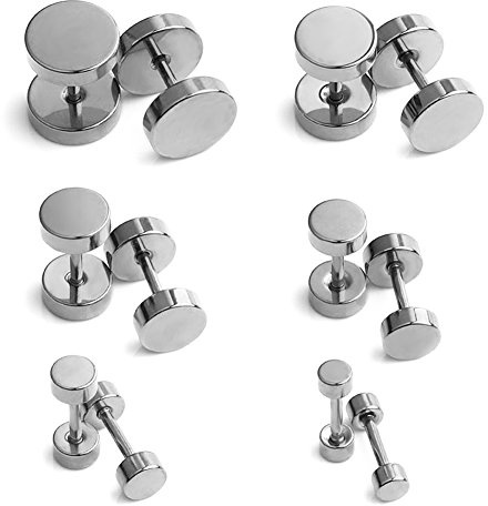 Ruifan 18G Stainless Steel Mens Womens Faux Gauges Ear Plugs Tunnel Earrings Stud 3-8mm 6Pairs - Silver