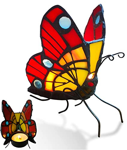 FUMAT Tiffany Candle Holders Stained Glass Butterfly Table Centerpieces Tealight Holder Night Light Wedding Mother Girl Valentine's Day Gifts Home Decor Direct Decorative Votive Candle Holder