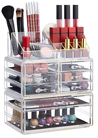 Relaxdays 2X Organizer Make-up con Cassetti, Contenitore Impilabile con Porta-Rossetti, in Acrilico, Trasparente Oro