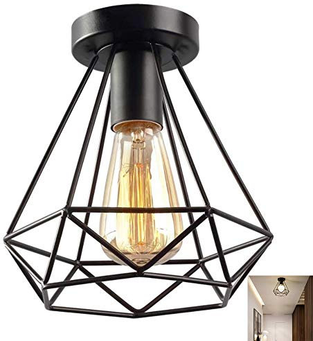 ChaoZan Techo de Metal lámpara de techo Vintage Hierro,Industrial lámpara E27, Retro Colgante de Techo Vintage forma de diamante para Dormitorio Cocina Sala de estar Comedor Baño Pasillo, Negro