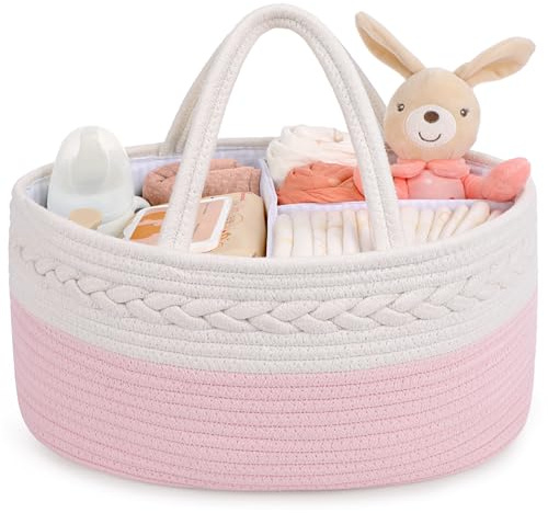 Maliton Panier à couches en corde de coton robuste et portable, organisateur de couches amovible cadeau de fête prénatale pour nouveau-né, rose