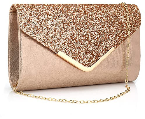 Milky Way Women Envelope Clutch Bag Sequins Evening Handbag Purse With Detachable Chain Strap Elegant Glitter Shoulder Bags Wedding Bridal Prom Party Evening Bag (Rose Gold)