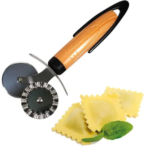 Rotella Tagliapasta in Acciaio Inox con Impugnatura Ergonomica, Taglia Pasta Bilama Liscia e Dentata per Sfoglia a Mano Multifunzionale