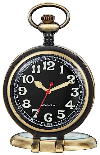Tiong Montre à Gousset mécanique pour Homme - Design Ouvert - Noir - avec chaîne et boîte Cadeau - Classique