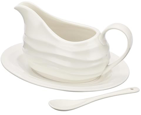 TOLIDA Salsiera in Kremik con vassoio, ciotola da portata con manico, dispenser con cucchiaio per salsa gourmet, per latte, braciole di maiale, dessert, idea regalo per microonde e lavastoviglie,