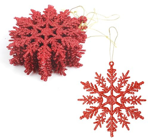 SULOLI 12pcs Pendentif de Noël Flocon de Neige，10cm Décorations à Suspendre avec Flocon de Neige Ornements Sapin de Noël Décorations de Noël (Rouge)