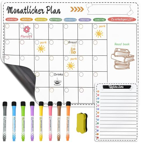 FIHODONE A3 timmars schema kan torkas av på tyska, timschema magnetisk med åtta 8 färgade whiteboard-märkpennor med svampsuddgummi, svampraderare, en A5-memo, månadsplanerare, avtorkbar för