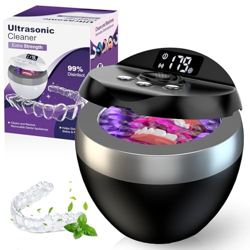Pulitore ad ultrasuoni di ritenzione per protesi dentarie da 200 ml per paradenti, allineatore, supporto, protezione notturna e dispositivo dentale con 4 modalità, detergente per gioielli 45 kHz