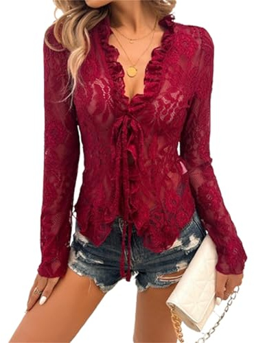 Carolilly Women's Floral Lace Long Sleeve Flared Top Transparent Sexy Trendy Sheer Basic Tie Front Shirt Blouses for Club Streetwear (Red, L)