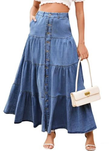 loveimgs Jupe longue en jean taille haute élastique pour femme avec boutons et volants, poche patchwork Y2k