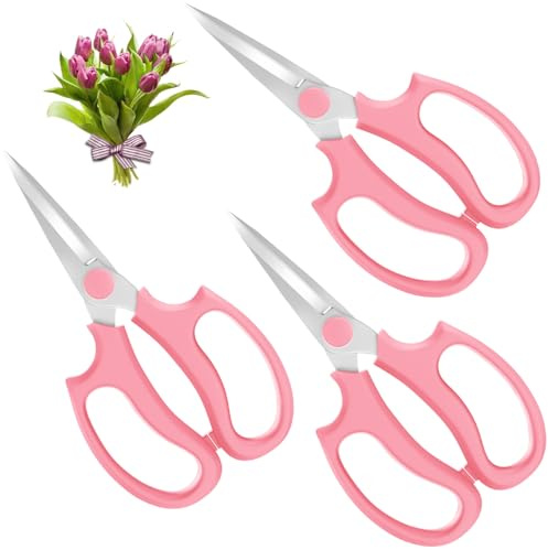 Housolution Flower Scissors, 3 Pack, Strong Floral Shears, Premium Steel Pointed Garden Pruning Shears Floral Fruits Leaf Scissors Hand Pruner Snip Trimming Tool for Gardening Flower Arrangement, Pink