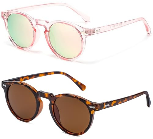 LOJUDI Kids Sunglasses Boys Girls - Polarised Round Childrens Sunglasses Mirrored Cool Style Retro Sun Glasses for UV400 Protection-Tortoiseshell/Brown+Pink/Pink