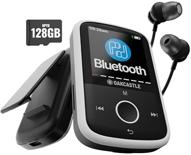 Lettore MP3 Bluetooth con Clip Sportiva | Auricolari inclusi | Memoria 16GB, espandibile a 128GB | Schermo HD a colori, 34h di batteria | SD e USB-C | Lettore MP3 Oakcastle MP250