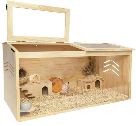 Hamsterbur för stora hamsterburar av trä, hamsterbostäder med öppningsbart övre fönster, litet djur (100 x 50 x 50 cm)