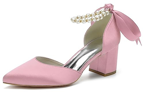 HFWXYSA Scarpe da Sposa in Raso Bianco da Donna, Décolleté con Tacco a Blocco e Cinturino di Perle, Eleganti Scarpe per Matrimonio e Cerimonie,Rosa,40 EU