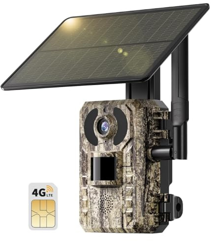 GMOX Pack de 1 Cámaras de Caza 4G LTE Solar con Tarjeta SIM, Cámara Fototrampeo 2K sin WiFi, Visión Nocturna Infrarroja 950nm, PIR 0,2s, App Remota, Gran Angular 120°, IP66 Impermeable