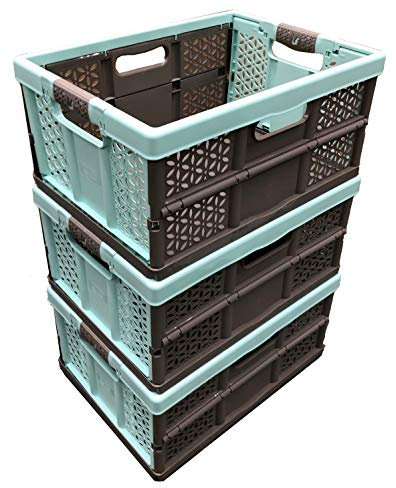 keeeper 3 x 32 Litre Extra Strong Folding Plastic Stacking Storage Crates Box - 30KG LOAD CAPACITY PER BOX - SOFT HANDLES