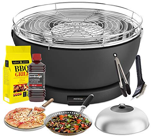YesEatIs by FEUERDESIGN - Vesuvio Grill Anthracite - Kit mit ZÜNDGEL + Kohle 3 Kg + GRILLZANGE + Pizzastein mit Schaufel + Kuppel aus Edelstahl + Gemüse-Grillpfanne + Reinigungsbürste