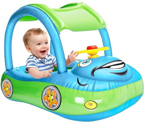 iGeeKid Inflatable Baby Pool Float with Canopy, Safty Seat for Infant Baby Swim Float Rings Car Shaped Swimming Pool Floaties for Babies Toddler Age of 6-36 Months (Light Blue)