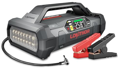 LOKITHOR JA302 2500A Starthilfe Powerbank 12V Auto Starthilfegerät mit 150PSI Kompressor Tragbare Batterie Booster für 6.5L Diesel und 8.5L Benzin, 3 LED-Lichtmodi