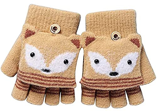 JINTN Kid Fox Winter Warm Glove Boy Girl Knitted Half Finger Mitten Children Flip Top Hand Warmers Outdoor Thermal Mitten Children Xmas Gifts for 6-10 Years Old