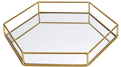 Hexagon Gold Decorative Mirror Tray Serving Platter (Large 34cm x 30cm x 5cm)