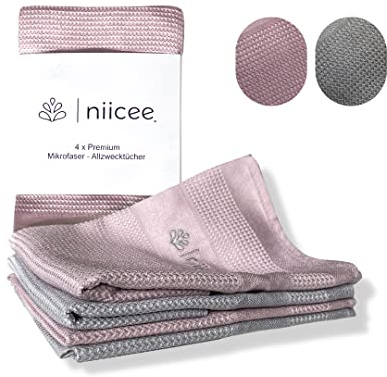 4 x niicee® Rengöringsdukar av premium-mikrofiber utan rengöringsmedel för randfri glans i hushållet, kontoret, bilen samt för fönster, glas, speglar och mycket mer