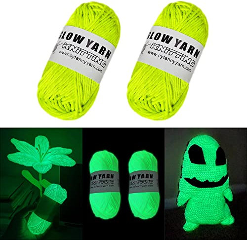 AUAUY Leuchtendes Handstrickgarn, 2 Stück Strickgarn Im Dunkeln Leuchtende, 50G DIY Stoff Polyester Handstricken Leuchtendes Garn, Schal, Strickjacke, Strick, Häkelgarn Zum Häkeln Kunsthand(Gelb)